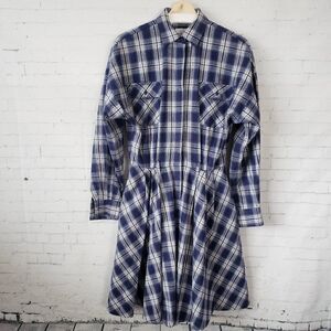 Norma Kamali Flannel Plaid Shirt Dress Size S / 27" Waist Blue White A-Line